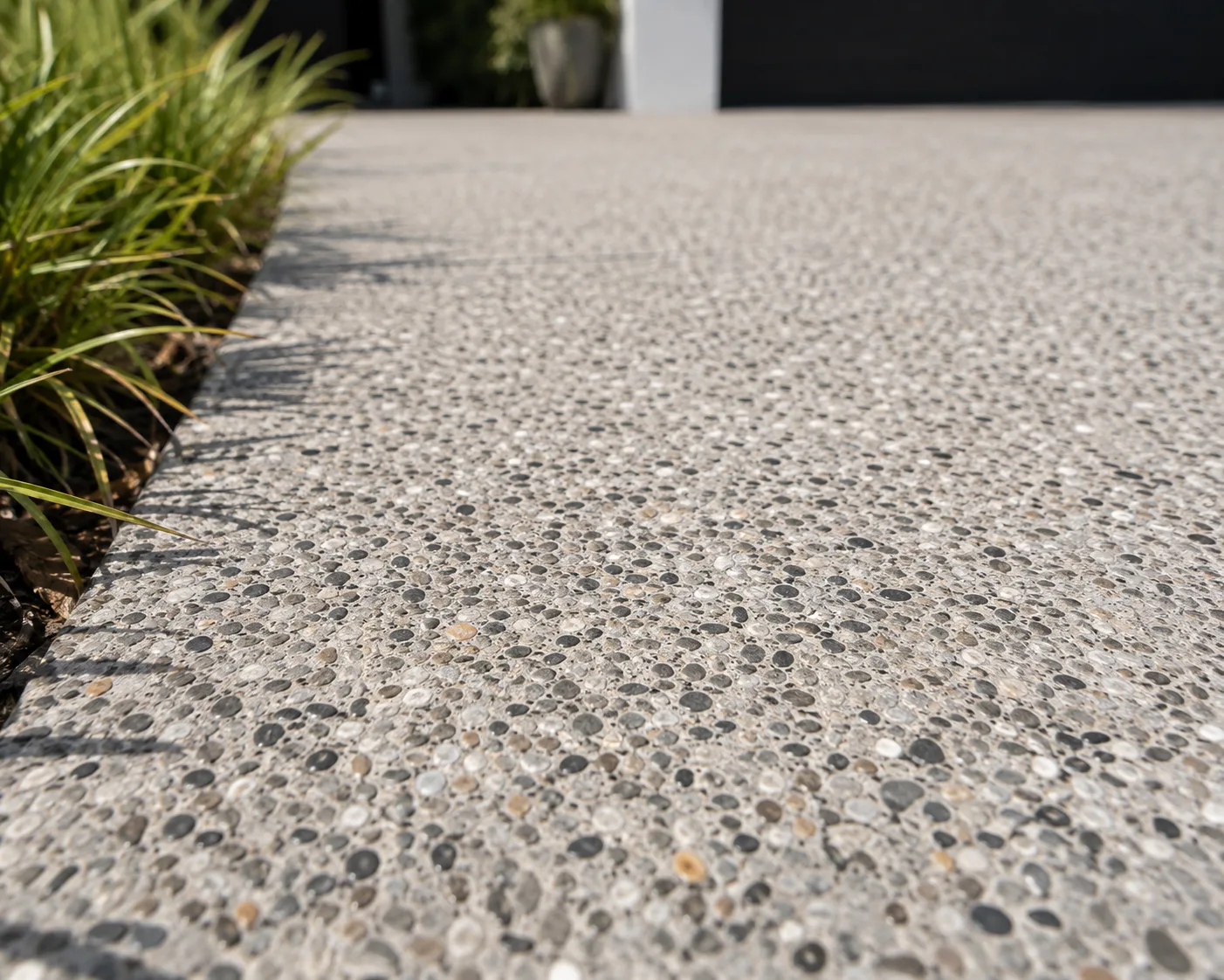 An exposed aggregate concrete finish on a pool surround