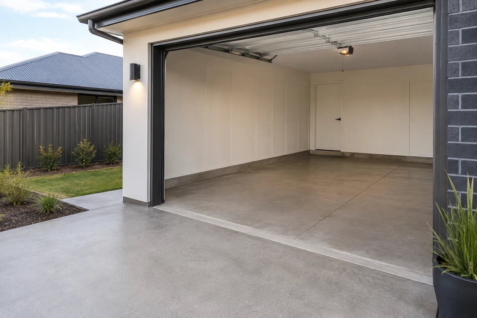 A finished concrete garage slab inside an open double garage
